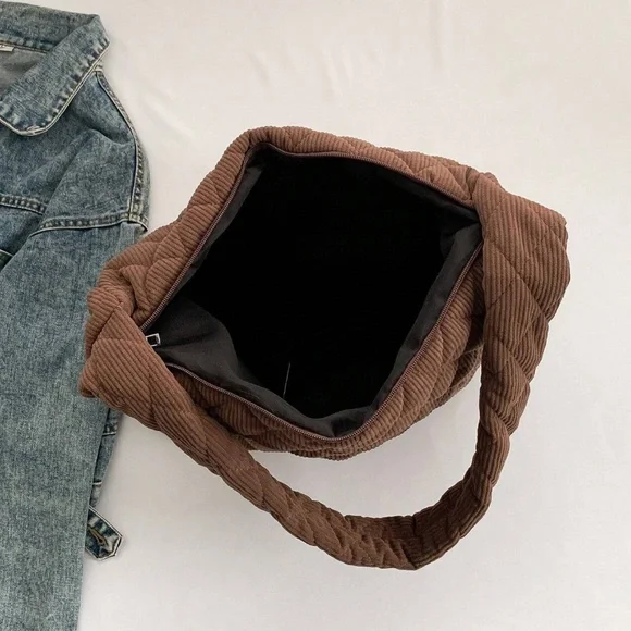 Luxe Quilted Corduroy Puffer Messenger Shoulder Crossbody Travel Bag - Picture 6 of 12